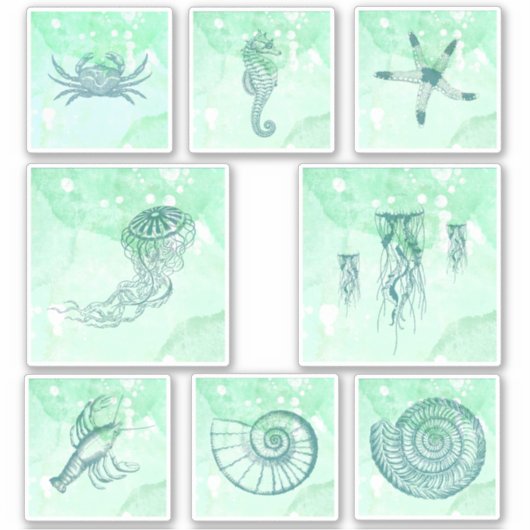 Sticker Ensemble d'autocollants aquarelle de créatures mar (Devant)