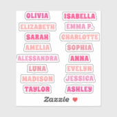 Sticker Ensemble de 16 noms personnalisés pour fille rose  (Feuille)