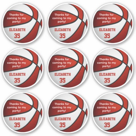 Sticker ensemble de 9 red white basket party merci (Devant)