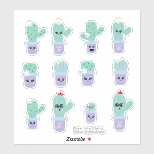 Sticker Ensemble de cactus mignon en pot violet vert (Feuille)