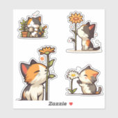 Sticker Ensemble de chats et de fleurs Kawaii Calico (Feuille)