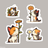 Sticker Ensemble de chats et de fleurs Kawaii Calico