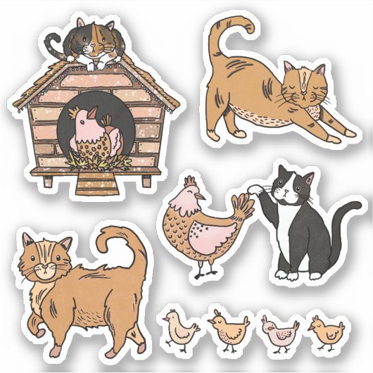 Sticker Ensemble de chats et poulets (Devant)