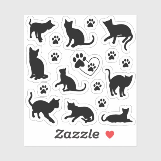 Sticker Ensemble silhouette de chat noir mignon et emprein (Feuille)