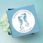 Sticker Envelope Seal, Mariage Blue Seahorse Beach<br><div class="desc">Stickers de mariage personnalisé Seahorse Beach avec le nom de la mariée et du marié et la date du mariage comporte une réplique de mon oeuvre originale aquarelle dans les tons bleu et turquoise. Correspondance Papier, Invitations de douche nuptiale, Enregistrer les cartes de date, Cartes de voeux pour être demandé,...</div>