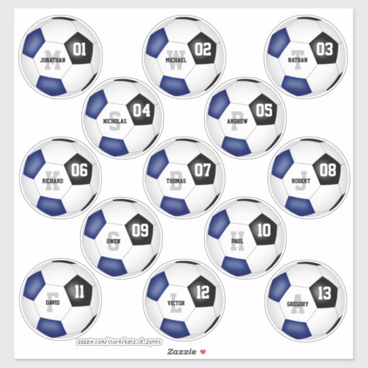 Sticker équipe de football noir bleu couleurs 13 joueurs n (Feuille)