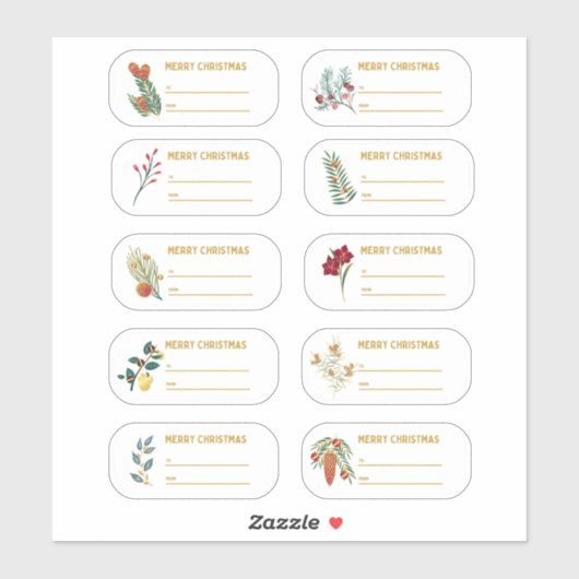 Sticker Étiquette de Noël Floral & Gold 10 pc (Feuille)