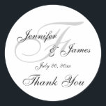 Sticker Étiquette Mariage Monogramme F<br><div class="desc">Gris, noir et blanc Elégant mariage Monogramme Merci Étiquettes. Ces autocollants de remerciement mariages sont la façon parfaite de personnaliser vos faveurs de mariage. Modèle personnalisé pour "F" initial. Ajoutez vos noms de mariée et de mariée et votre date de mariage. Superbe police de caractères script superlay design sur un...</div>