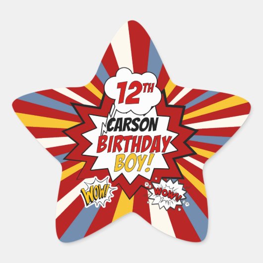 Sticker Étoile 12e anniversaire Boy Superhero Comic avec nom (Devant)
