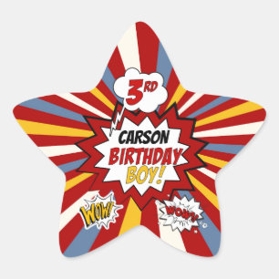 Sticker Étoile 3e anniversaire Boy Superhero Comic avec nom