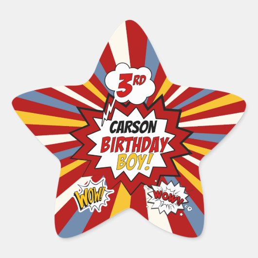 Sticker Étoile 3e anniversaire Boy Superhero Comic avec nom (Devant)