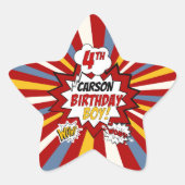 Sticker Étoile 4e anniversaire Boy Superhero Comic avec nom (Devant)