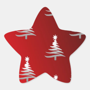 Sticker Étoile Arbres de Noël Argent sur Rouge