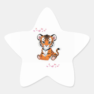 Sticker Étoile Autocollant🐯Bébé Tigre Art avec Papillons Roses -