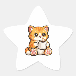 Sticker Étoile Café avec un joli chat – Chat orange cosy buvant d