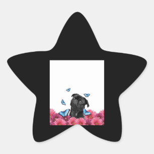 Sticker Étoile Carlin Noir Avec Papillons Bleus Et Gerberas