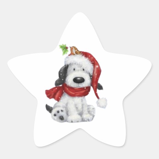 Sticker Étoile Charmant chien de Noël avec chapeau de Père Noël & (Devant)
