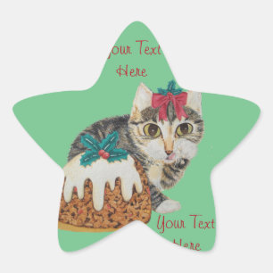 Sticker Étoile chatte chatte gris tabby chat avec arc rouge noël