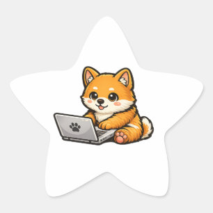 Sticker Étoile Chien Shiba Inu mignon avec ordinateur portable – 