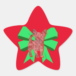 Sticker Étoile Chihuahua Chien Silhouette Rouge et Vert Bow Noël