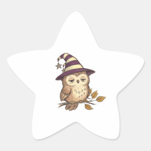 Sticker Étoile Chouette nocturne endormie au chapeau de sorcière