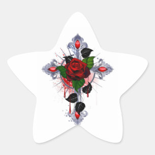 Sticker Étoile Croix d'argent avec une rose rouge
