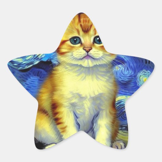 Sticker Étoile Cute Kitten Starry Night Van Gogh (Devant)