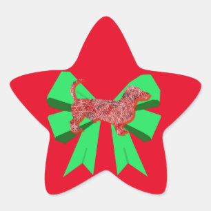 Sticker Étoile Dachshund Chien Silhouette Rouge et Vert Bow Noël
