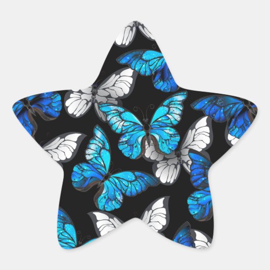 Sticker Étoile Dark Seamless Pattern with Blue Butterflies Morpho (Devant)