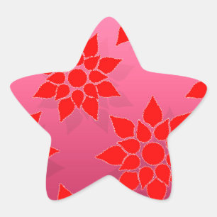 Sticker Étoile Dessin floral rouge vif sur fond rose foncé