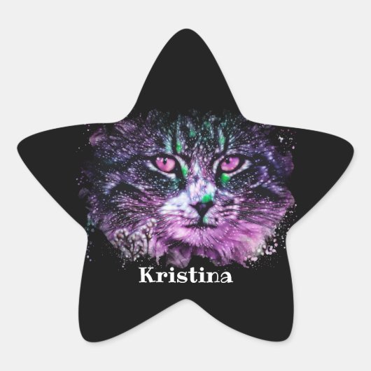 Sticker Étoile Galaxy Chat noir violet vert Aquarelle numérique (Devant)
