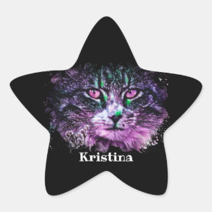 Sticker Étoile Galaxy Chat noir violet vert Aquarelle numérique
