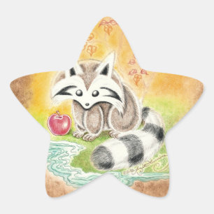 Sticker Étoile Joli raton laveur avec une pomme rouge près de l'é