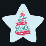 Sticker Étoile Joy to the World Christmas Citation Typographie<br><div class="desc">Stickers avec une illustration amusante et fantaisiste. Design typographique en forme d'arbre de Noël avec quelques ornements de noël et une étoile au-dessus. A l'intérieur sont les mots : Joie au monde.</div>