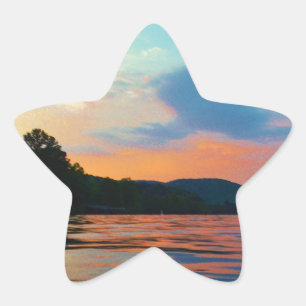 Sticker Étoile Pêche et coucher de soleil sur le lac de montagne