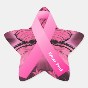 Sticker Étoile Pensez au ruban du cancer du sein rose