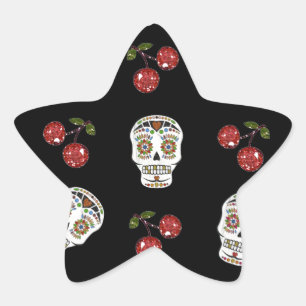 Sticker Étoile RAB Rockabilly Sugar Skulls Cherries On Black