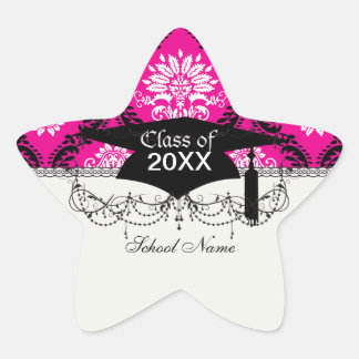 Sticker Étoile rose vif noir blanc damas orné