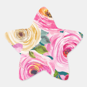 Sticker Étoile Roses aquarelles en rose et crème dans un cadre sa