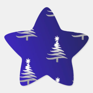 Sticker Étoile Sapins de Noël Argent sur Bleu Cobalt