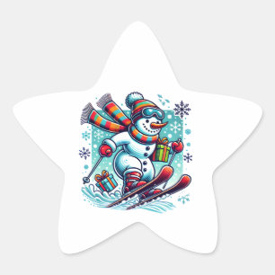 Sticker Étoile Snowman skier sur une colline enneigée avec un fou