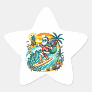 Sticker Étoile Un Père Noël ludique surfant sur une vague hawaïen
