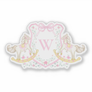 Sticker Faire-Part de Bébé Cheval à Bascule Rose Monogramm