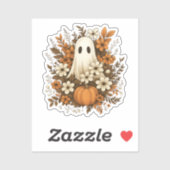 Sticker Fantôme mignon avec Citrouille et fleurs d'automne (Feuille)