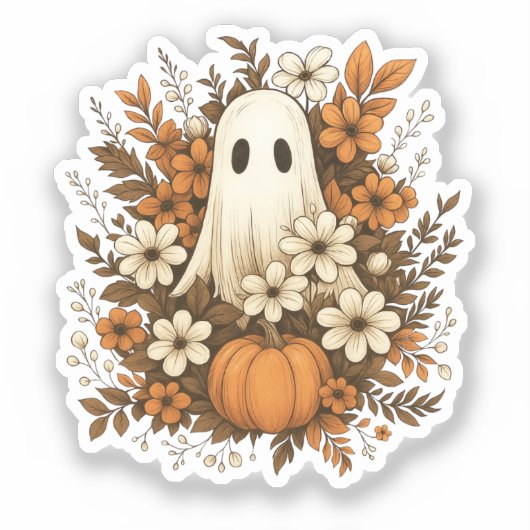 Sticker Fantôme mignon avec Citrouille et fleurs d'automne (Recto)