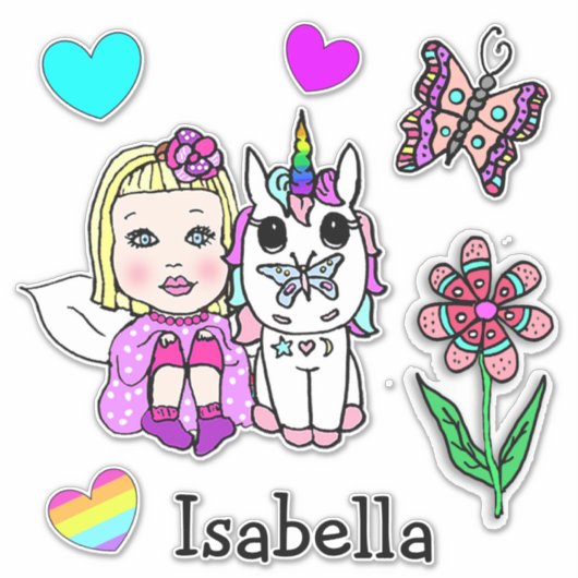 Sticker Fée à blond, licorne et nom (Devant)