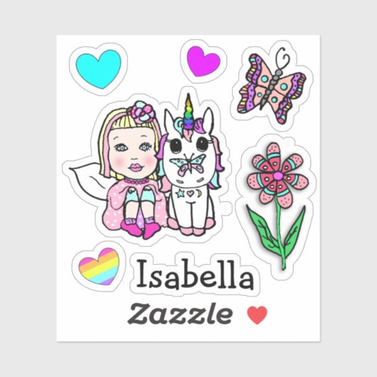 Sticker Fée à blond, licorne et nom (Feuille)