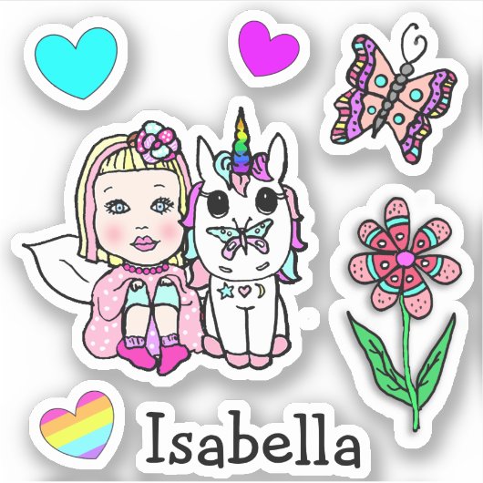 Sticker Fée à blond, licorne et nom (Devant)