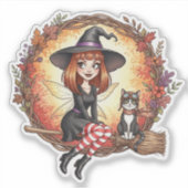 Sticker Fée de sorcière d'automne avec chat noir (Devant)