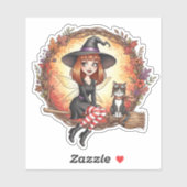 Sticker Fée de sorcière d'automne avec chat noir (Feuille)
